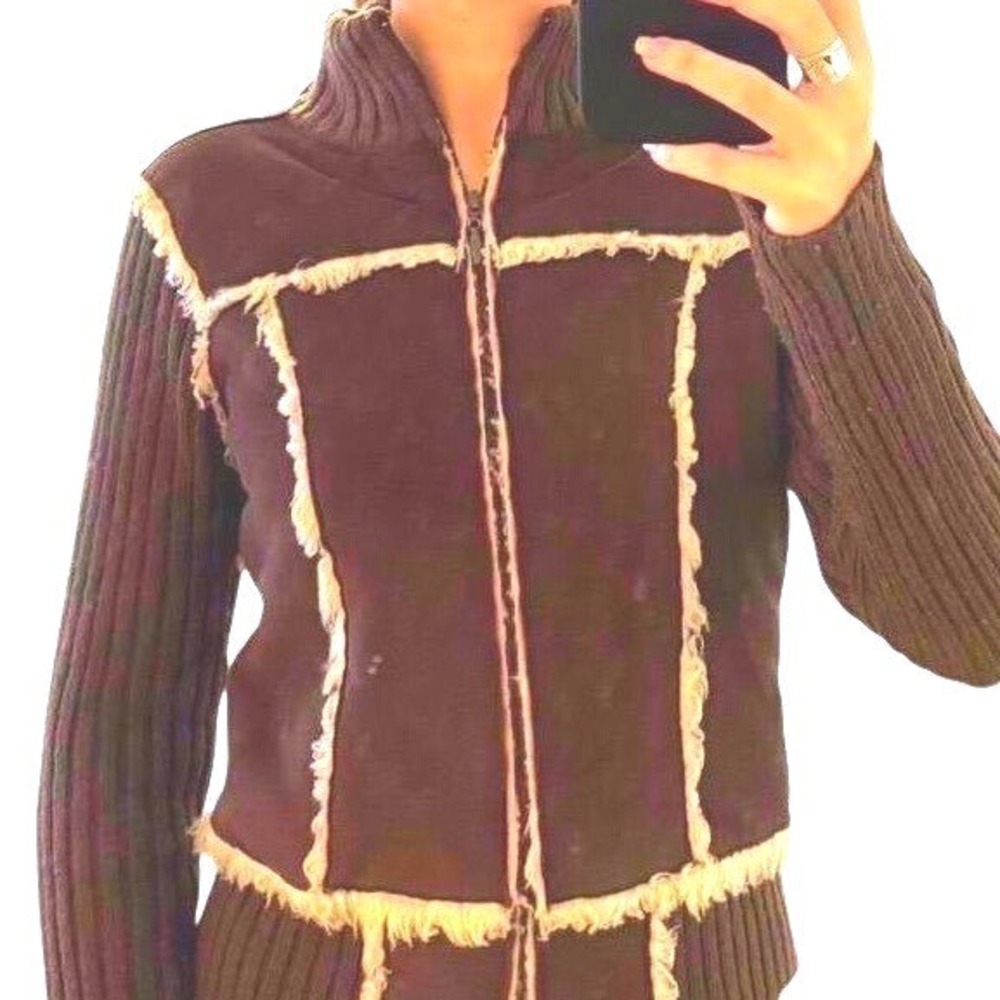 Y2K Brown Suede Fur Trim Knit Zip Up‎ Sweater Jacket XL 00s Rodeo Cowgirl Baddie